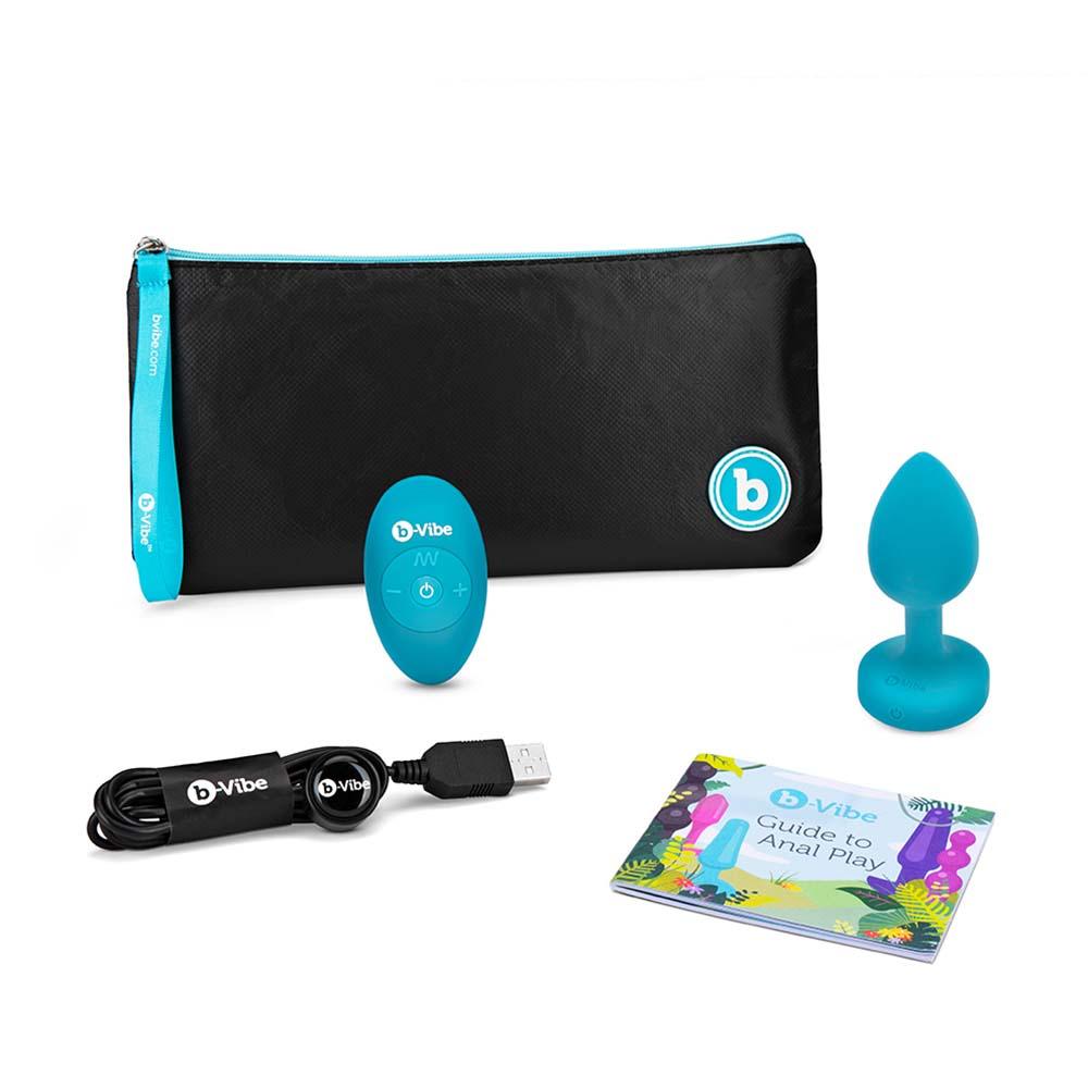 Everything included with the b-Vibe Vibrating Jewel Plug Set - S/M Aquamarine - The Cowgirl