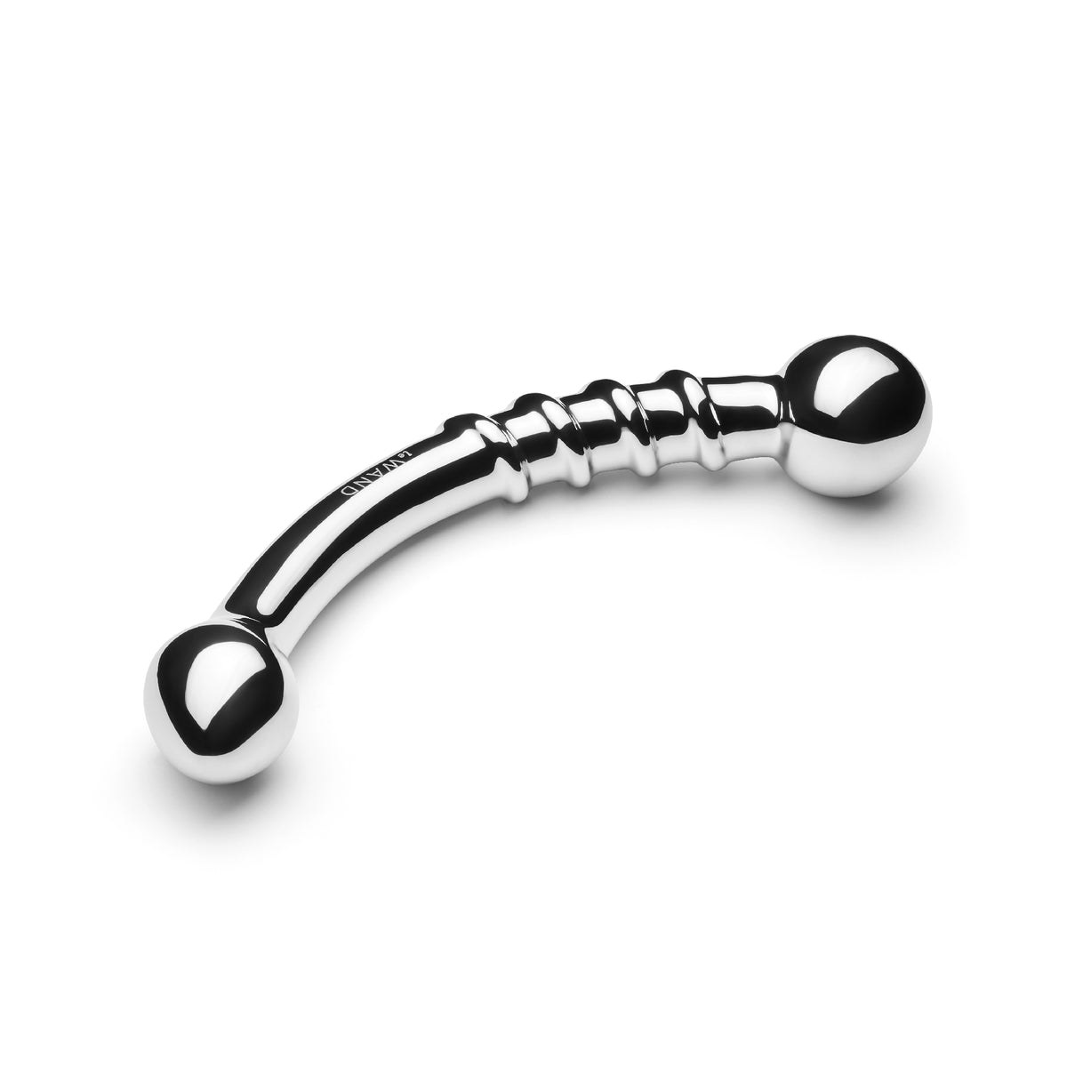 Side profile of curved stainless steel G-spot and P-spot massager.