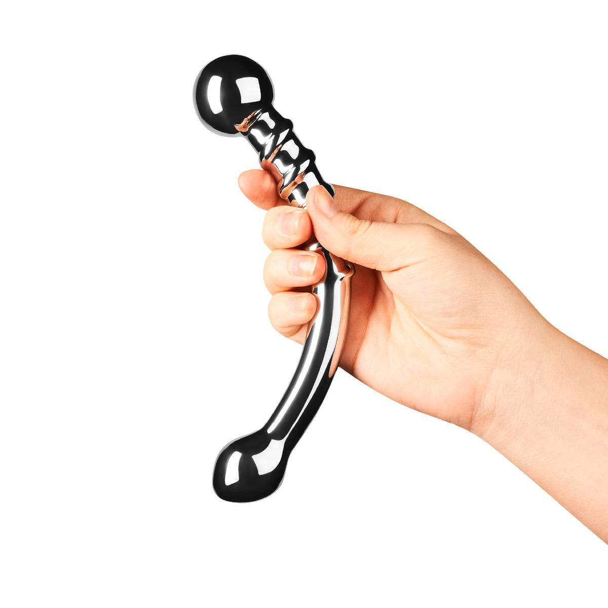 Hand holding Le Wand Bow solid stainless steel wand with dual-ended curve.

