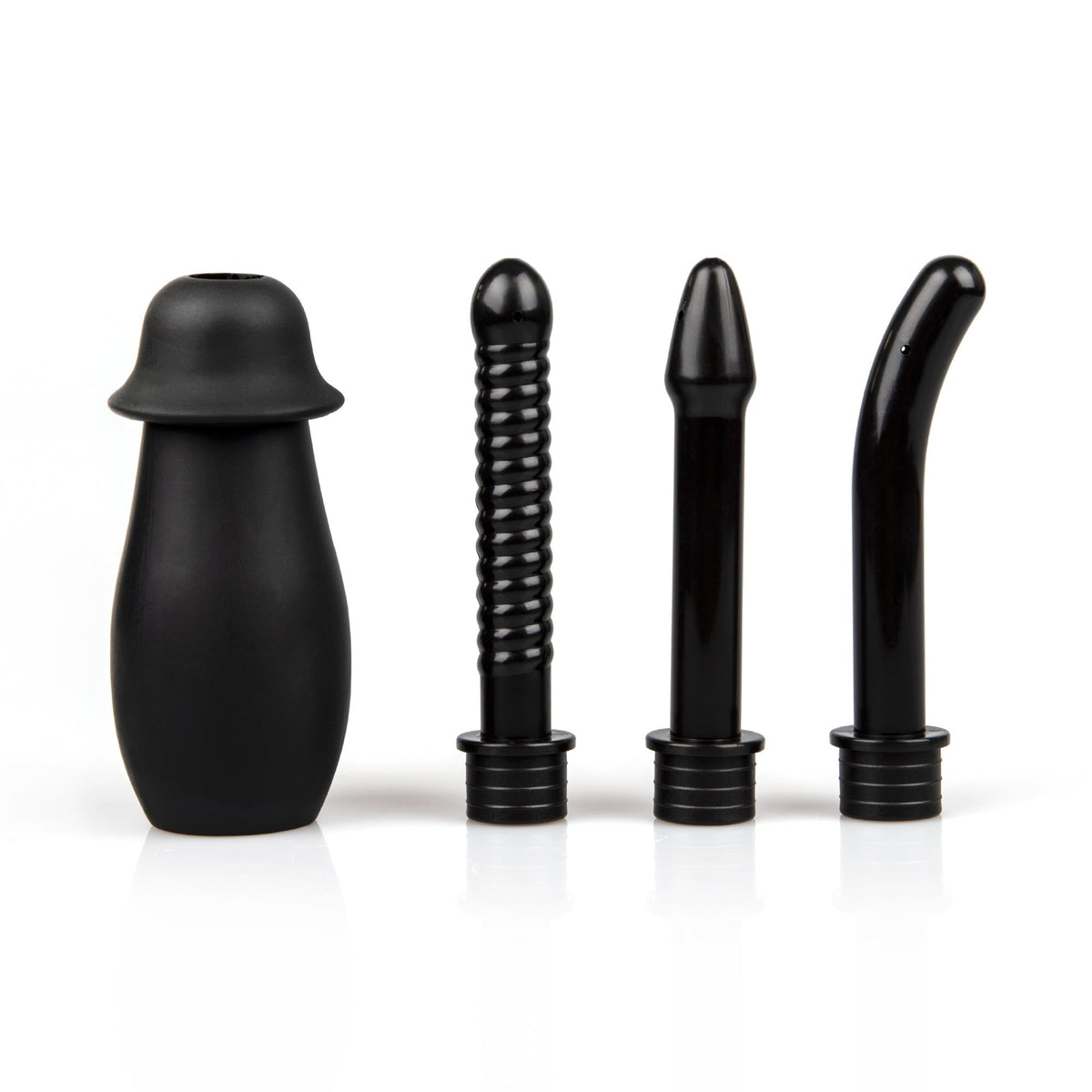 A black enema bulb syringe kit is displayed on a white background. It includes a soft, squeezable bulb and three interchangeable  nozzles. From left to right, the nozzles are: one with a ribbed texture, one that is smooth and tapered, and one that is smooth with a curved tip.