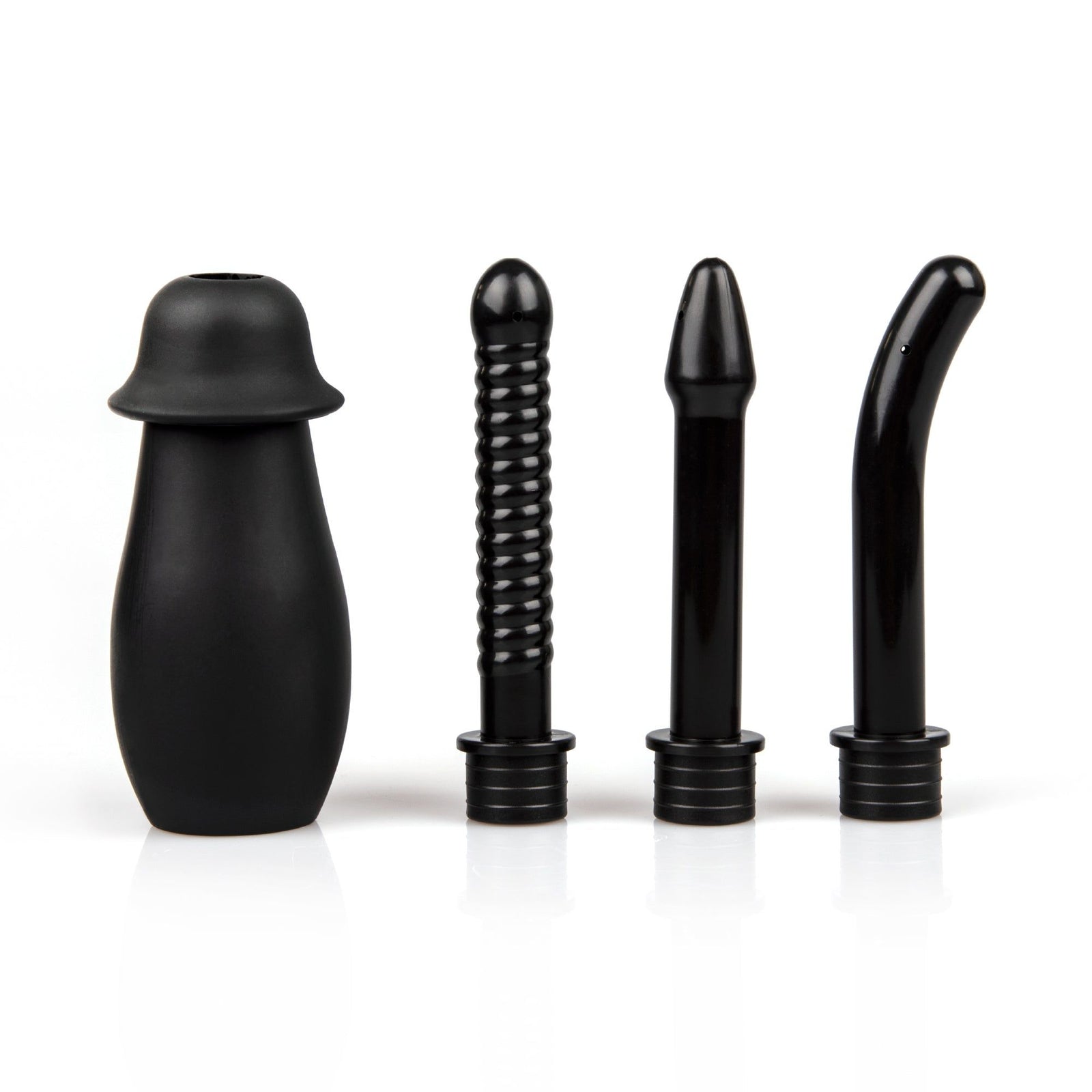 A black enema bulb syringe kit is displayed on a white background. It includes a soft, squeezable bulb and three interchangeable  nozzles. From left to right, the nozzles are: one with a ribbed texture, one that is smooth and tapered, and one that is smooth with a curved tip.
