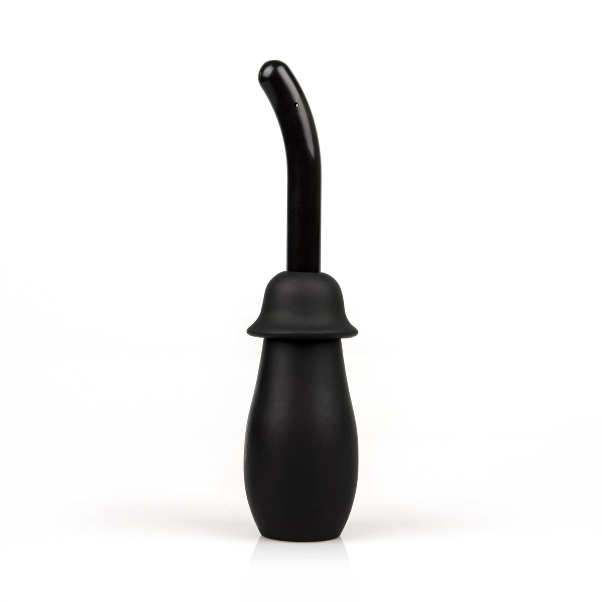 A black enema bulb syringe kit is displayed on a white background. It includes a soft, squeezable bulb and a curved tip.