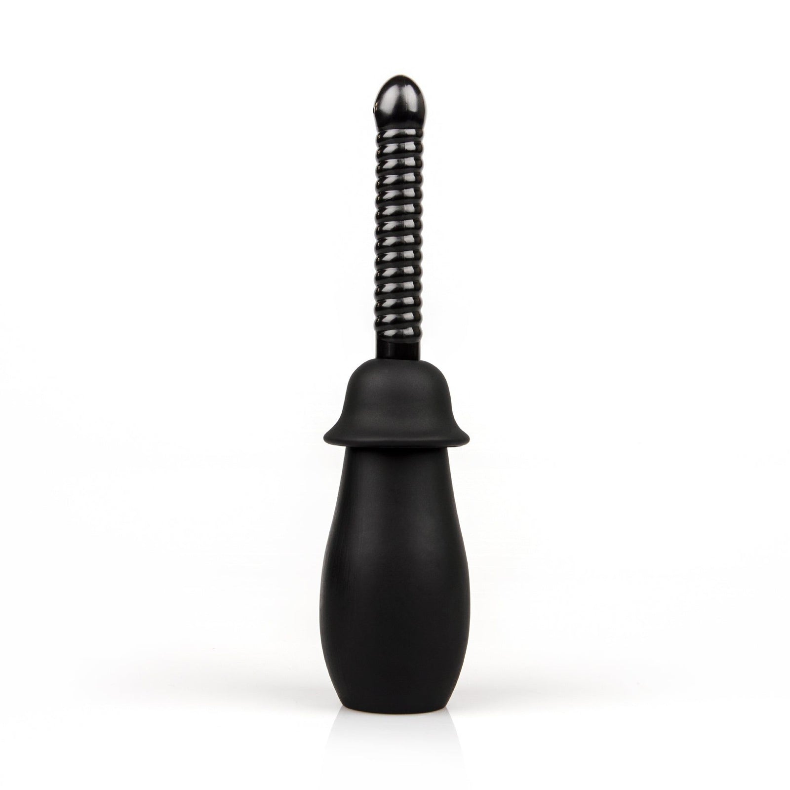 A black enema bulb syringe kit is displayed on a white background. It includes a soft, squeezable bulb and three interchangeable  nozzles. From left to right, the nozzles are: one with a ribbed texture, one that is smooth and tapered, and one that is smooth with a curved tip.