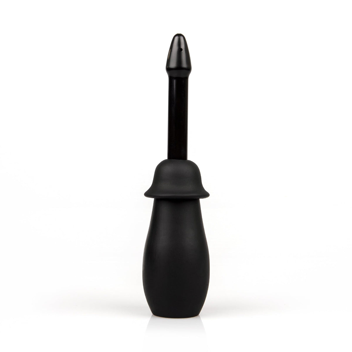 A black enema bulb syringe kit is displayed on a white background. It includes a soft, squeezable bulb and a tapered tip.