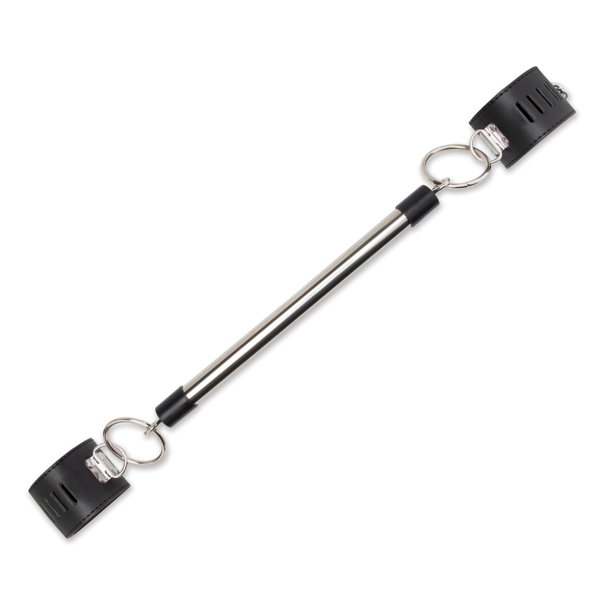 Black and silver Spreader Bar with Lockable Cuffs on a white background