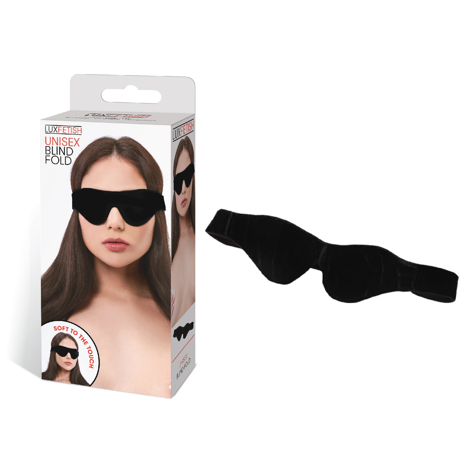 A black, velvet-lined blindfold with an adjustable strap, designed for sensory play and BDSM use.