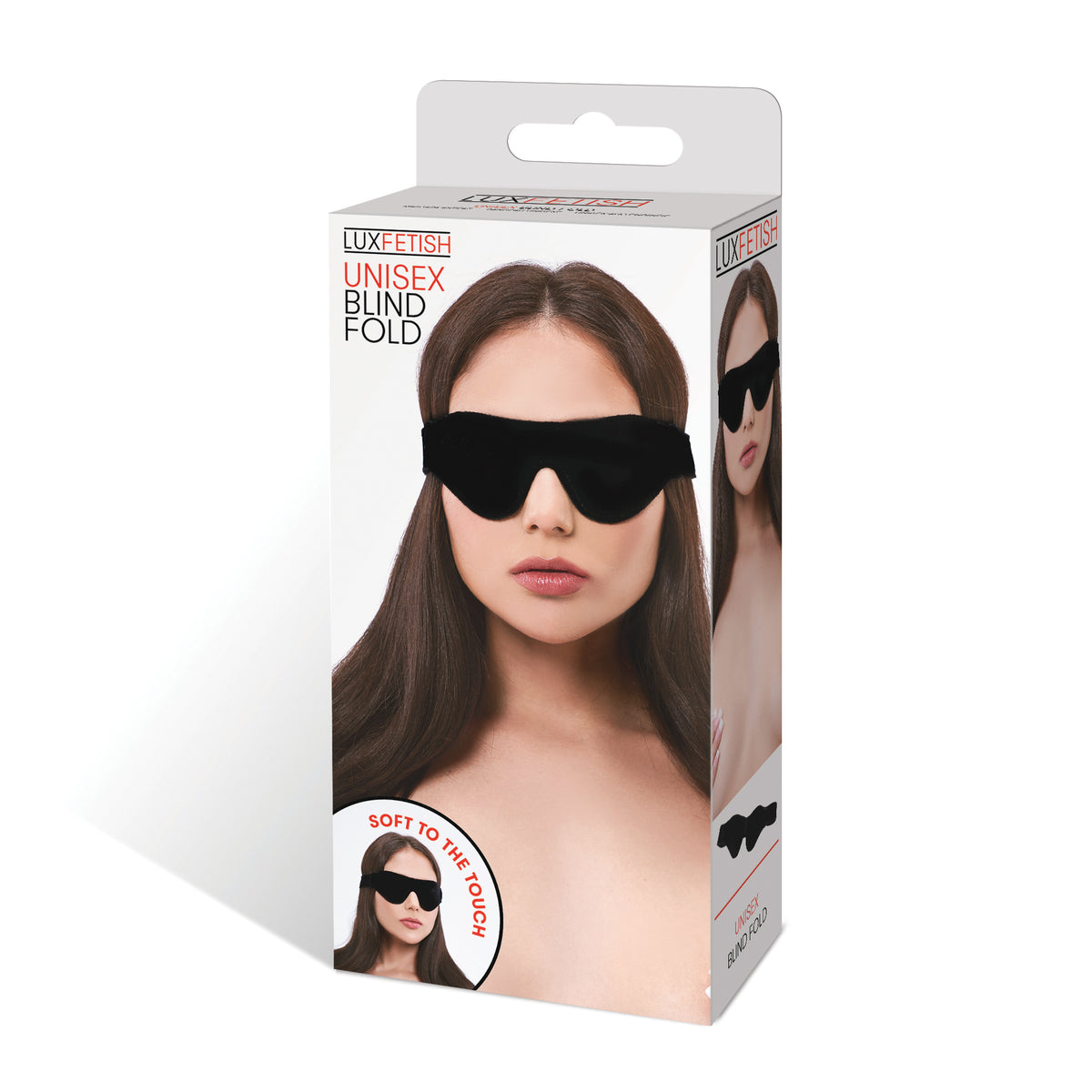 Box of a black blindfold with a woman's face on the packaging.