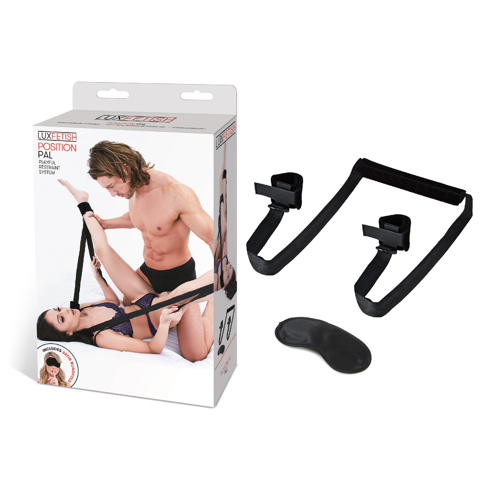 A set of black restraint straps and a matching black satin blindfold, designed for bondage and BDSM play.