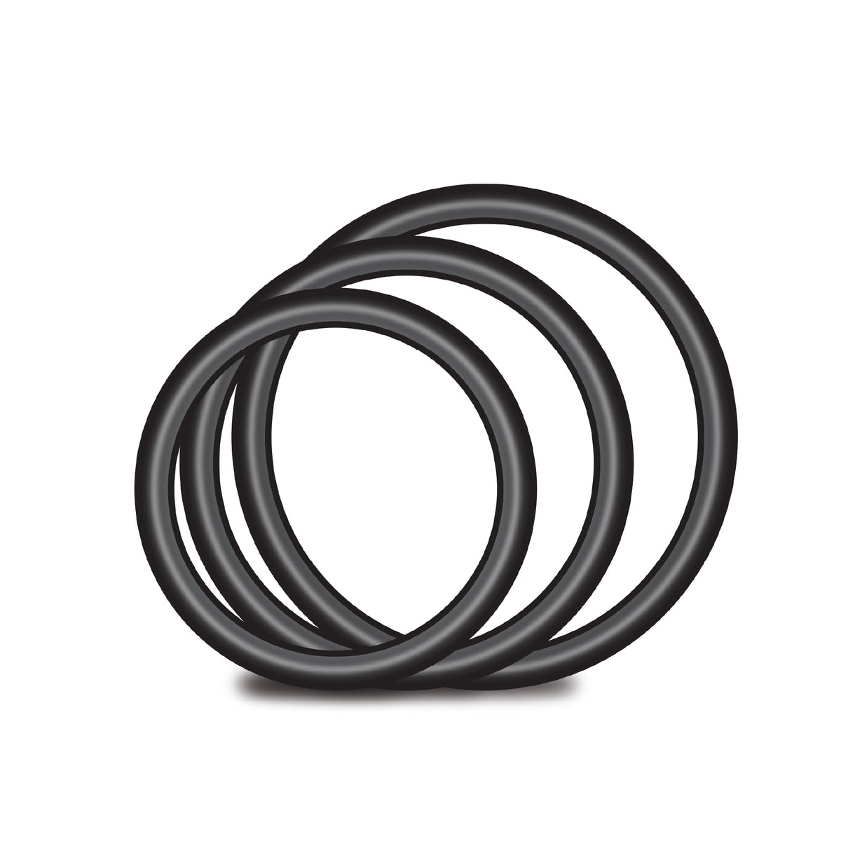 Three black rubber o-rings stacked on a white background