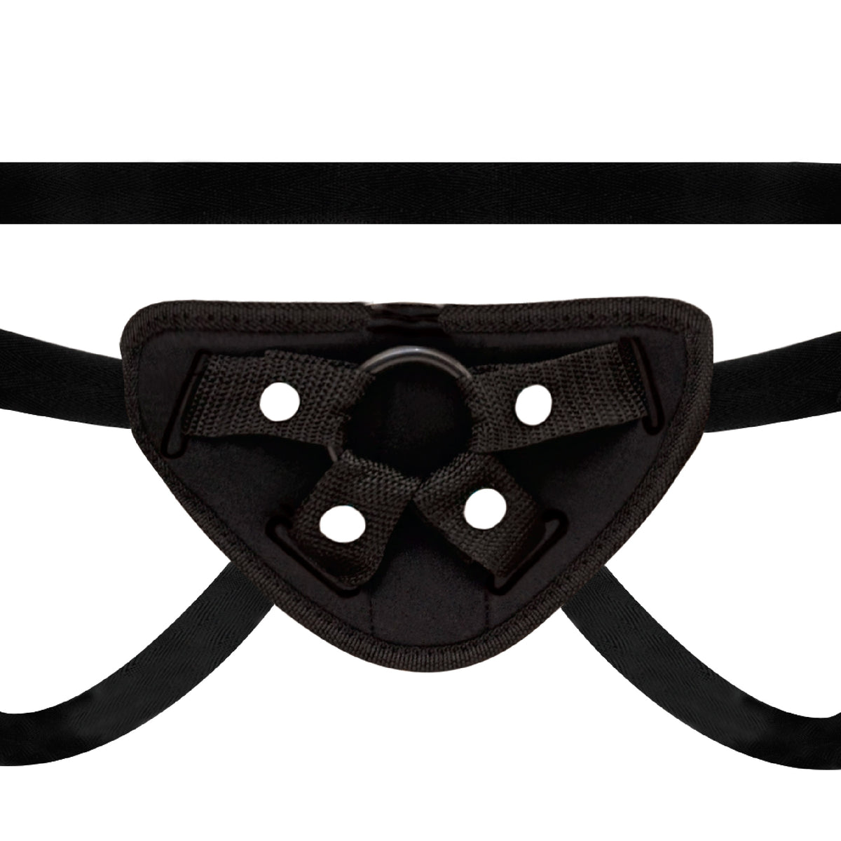 Black strap-on with a decorative buckle on a white background