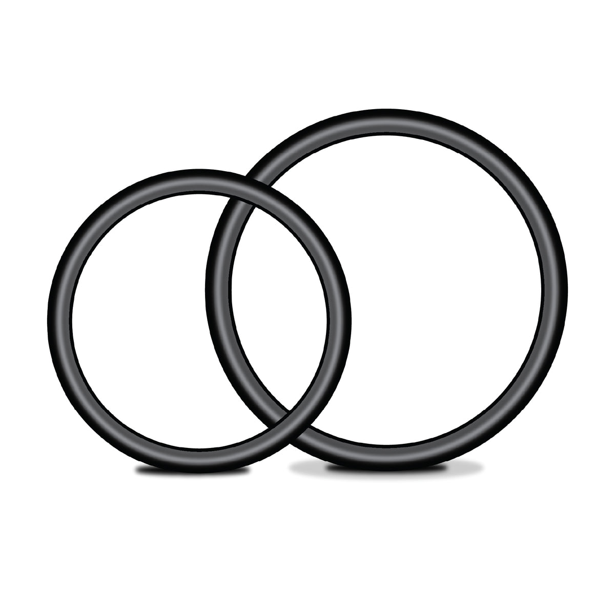 Two black silicone O-rings on a white background