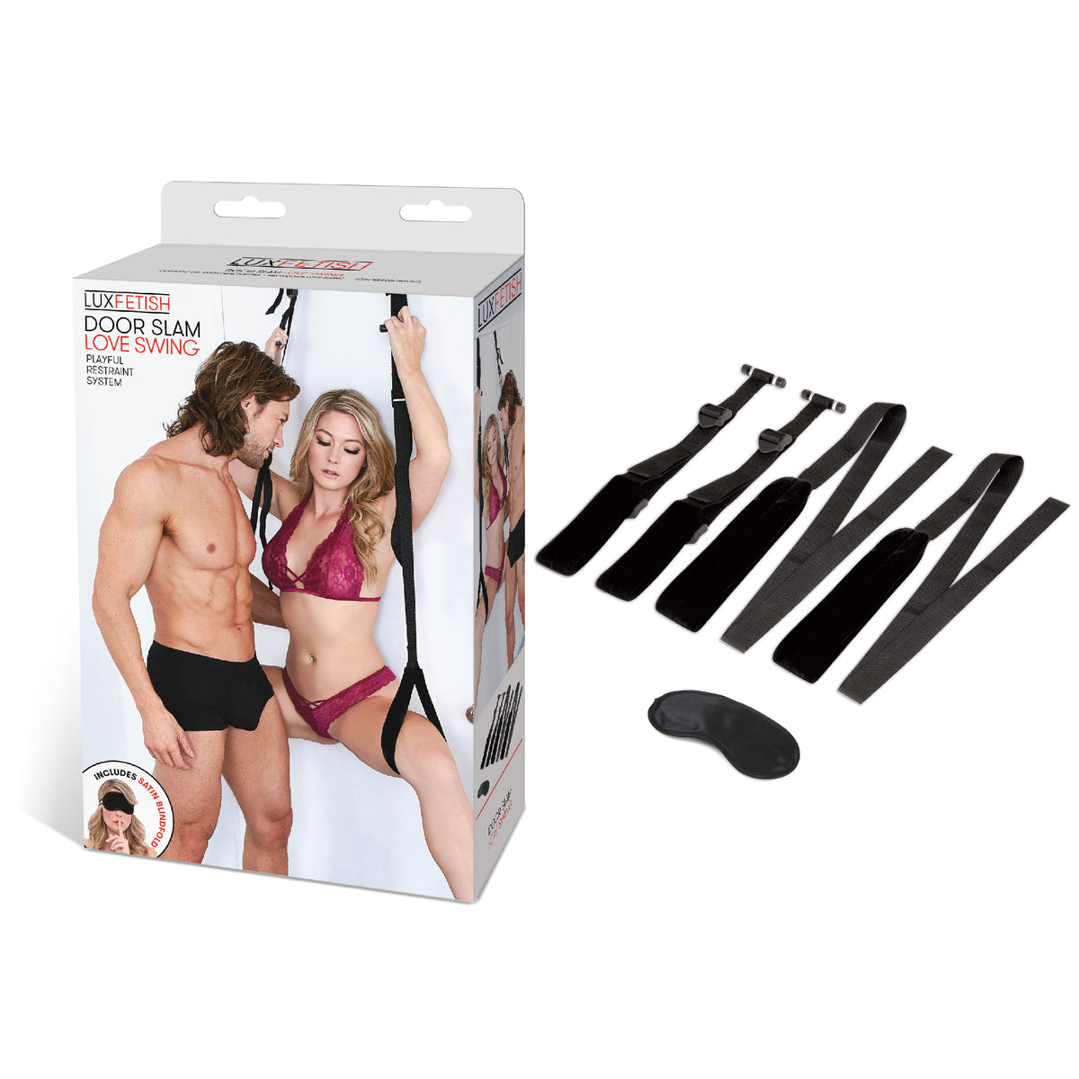 Sex toy packaging with a man and woman and The Door Slam Love Swing system on a white background