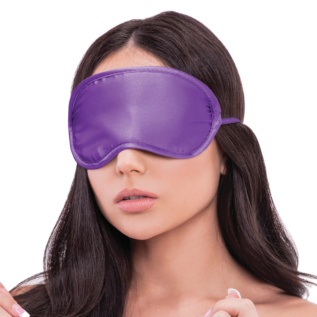 Woman wearing a purple blindfold on a white background