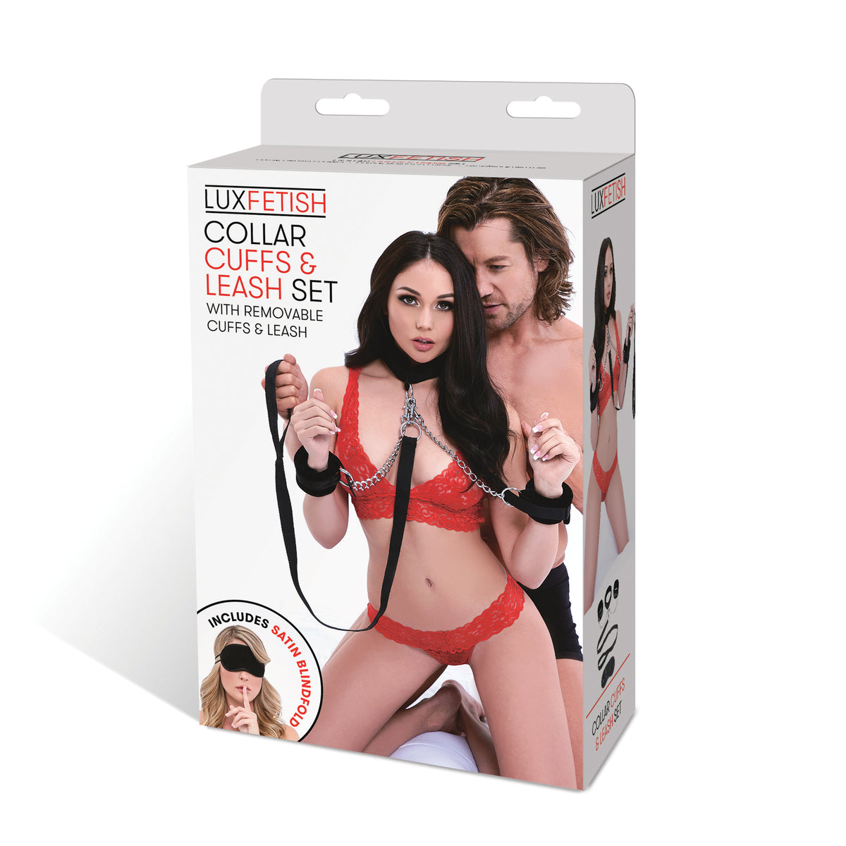 Boxed Luxe Fetish collar, cuffs, and leash set with model on packaging