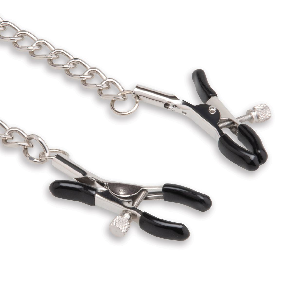 Metal nipple  clamps with black handles on a white background