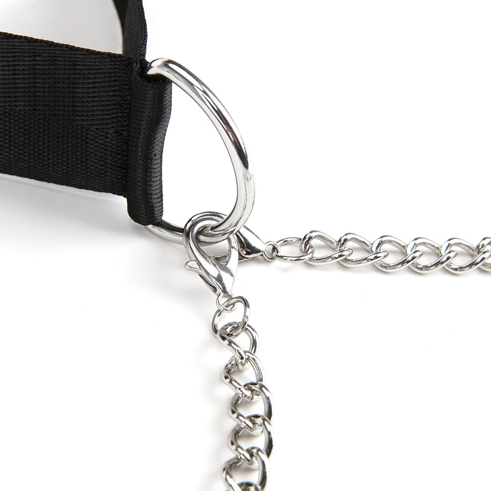 Close-up of a silver chain attached to a black belt with a metal buckle on a white background.