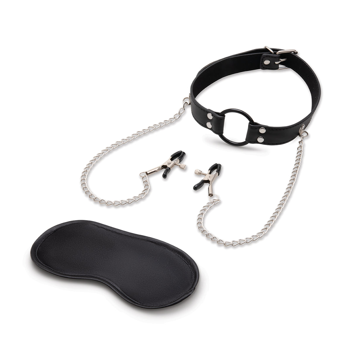 Black mouth gag with chain, clamps, and satin blindfold on a white background