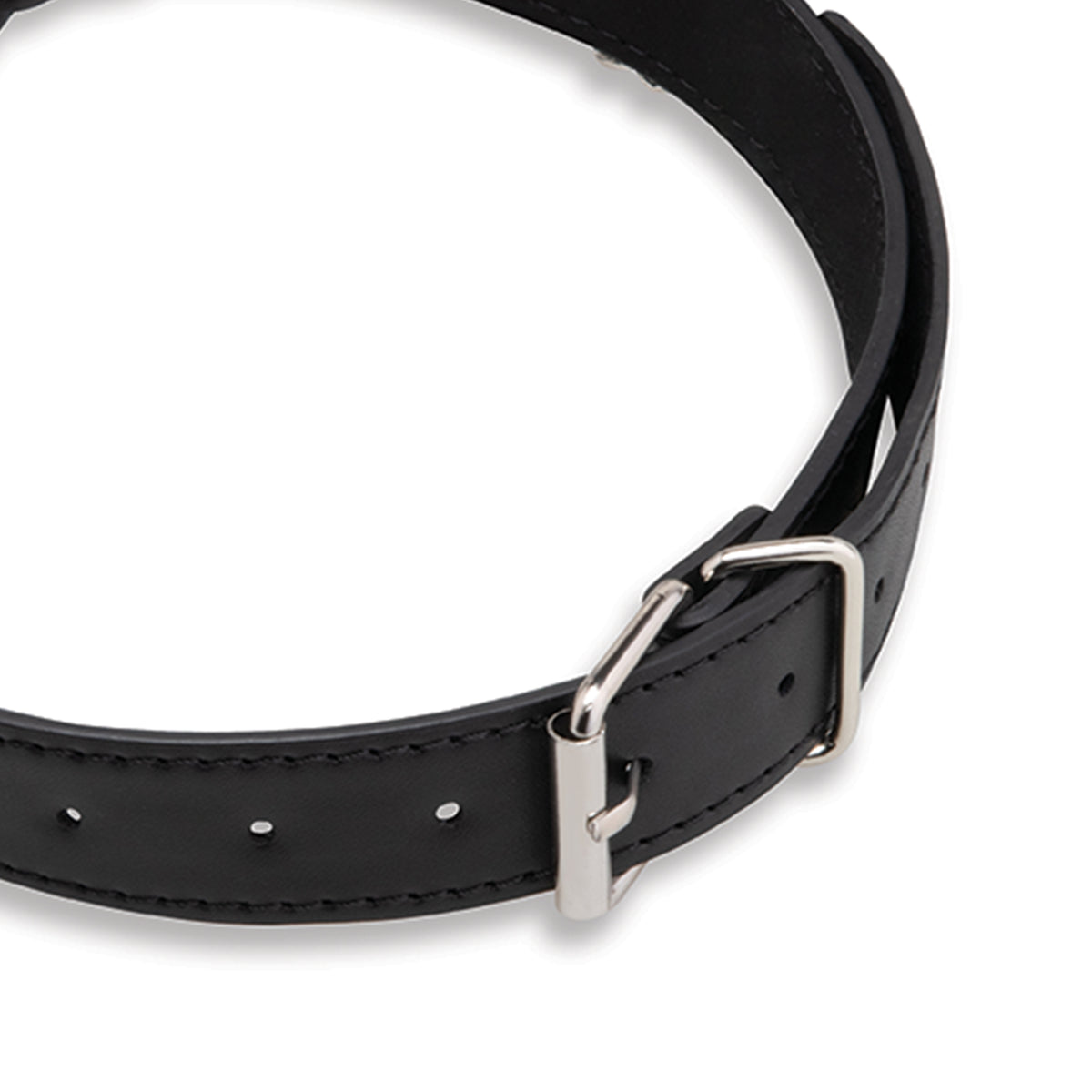 Black polyester gag with a silver buckle on a white background