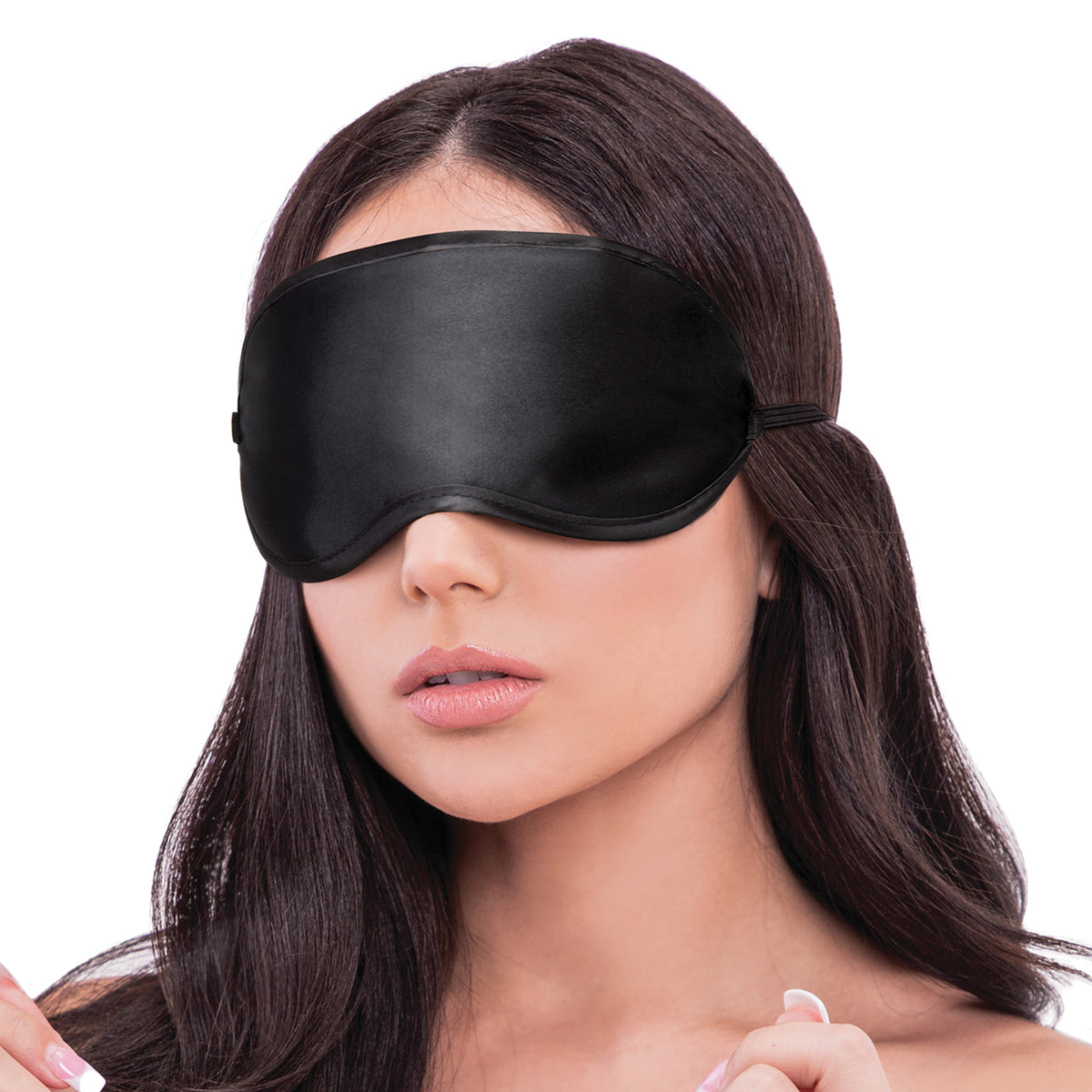 Woman wearing a black blindhold on a white background