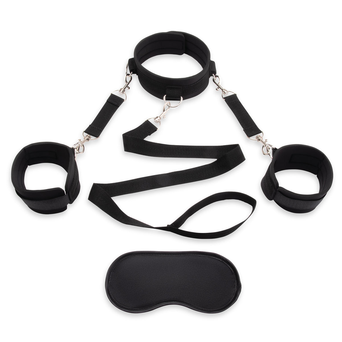 Black restraint set including collar,leash, and a blindfold on a white background