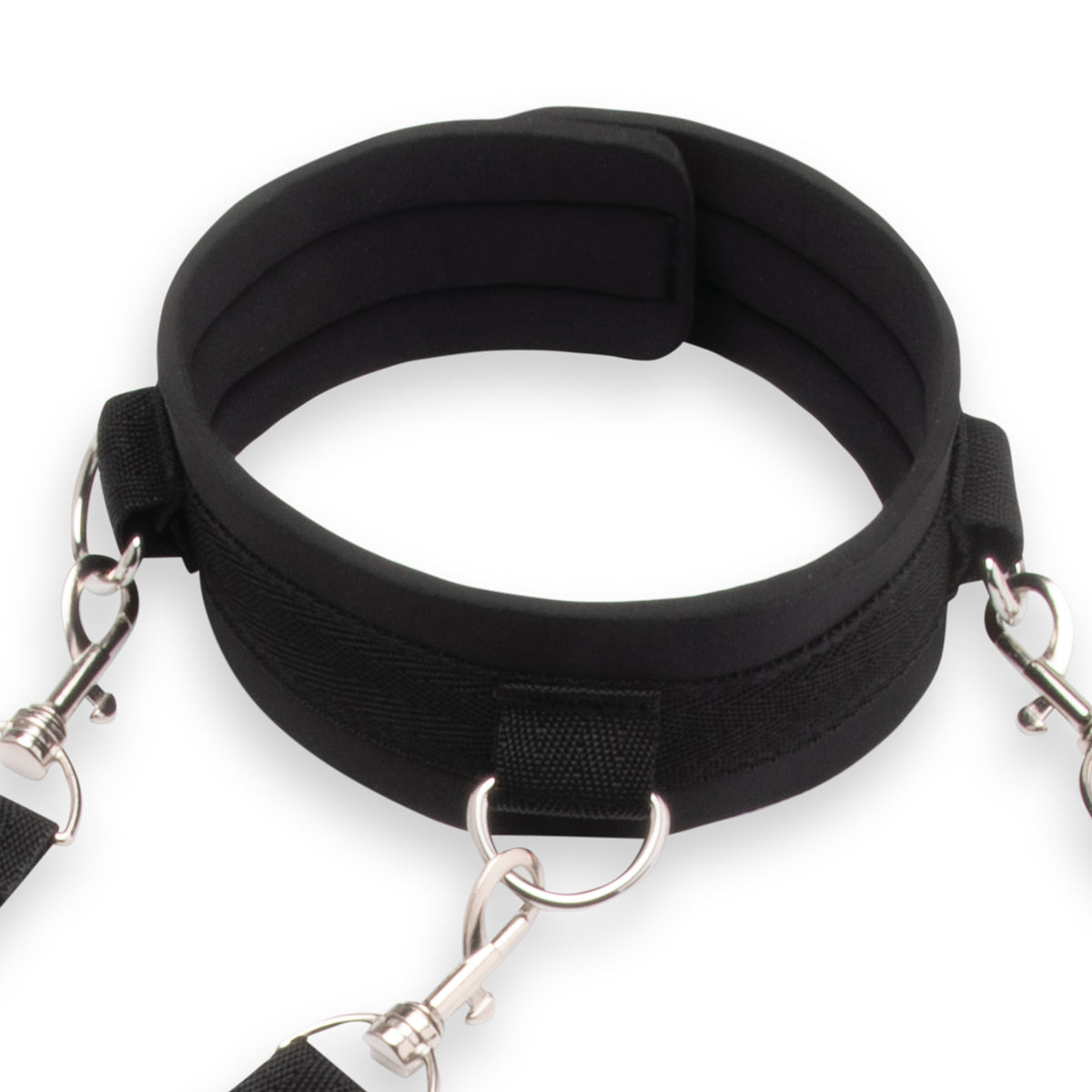 Black collar with metal clasp on a white background