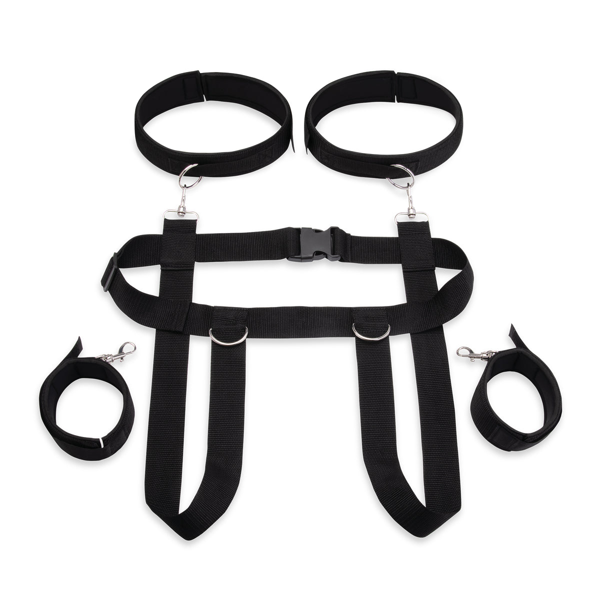 Black restraint set with belt, cuffs, and straps on a white background