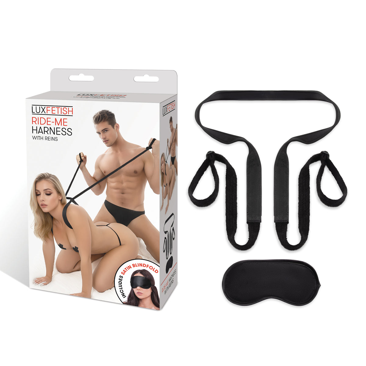 Ride-me harness with reins and eye mask packaging on a white background