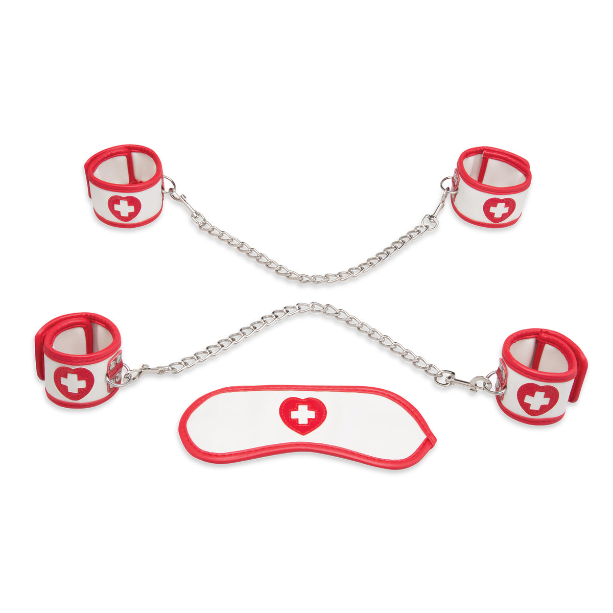 Set of bondage cuffs with red and white design on a white background