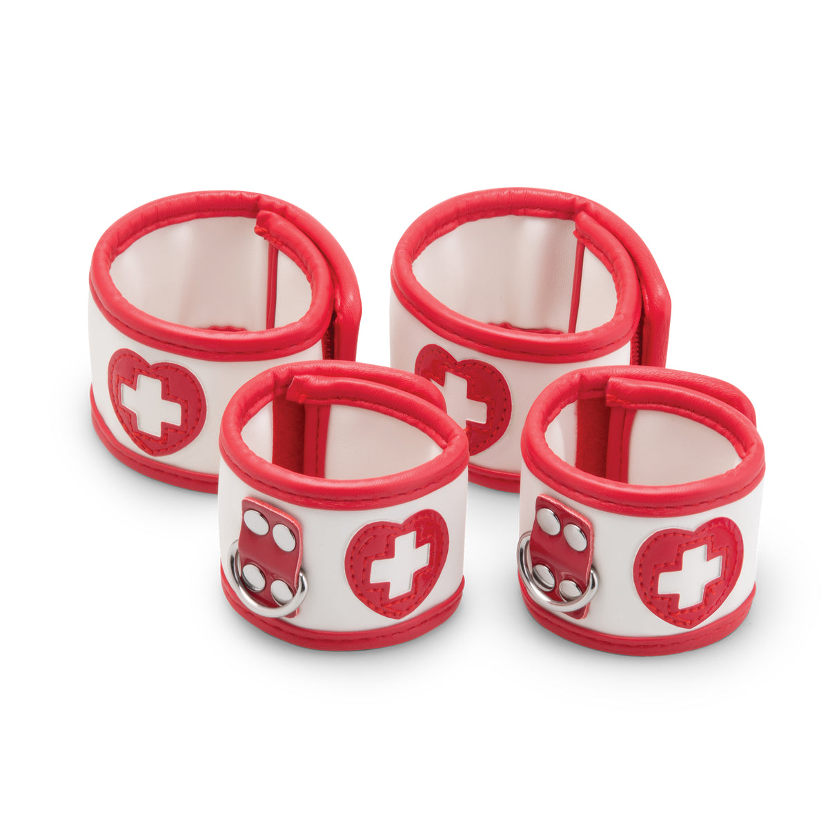 Four red and white medical-themed cuffs on a white background