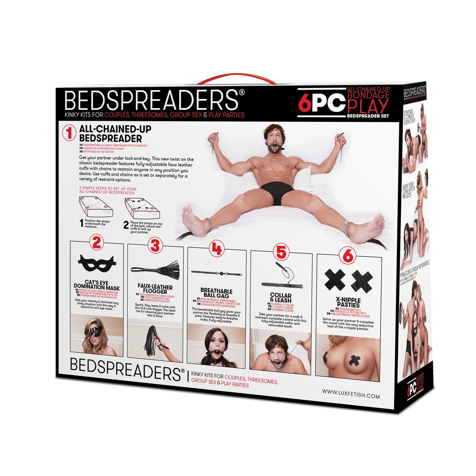 A collection of black BDSM accessories including cuffs, pasties, a mask, a collar, a leash, a ball gag, and a flogger.