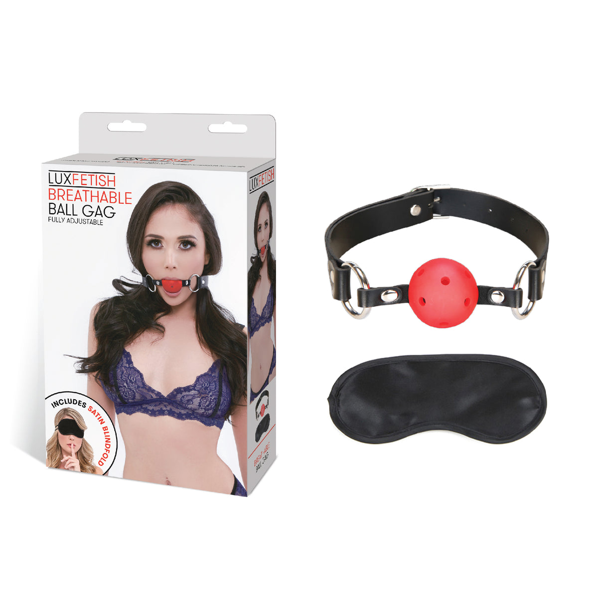 Breathable ball gag with packaging and a black blindfold on a white background