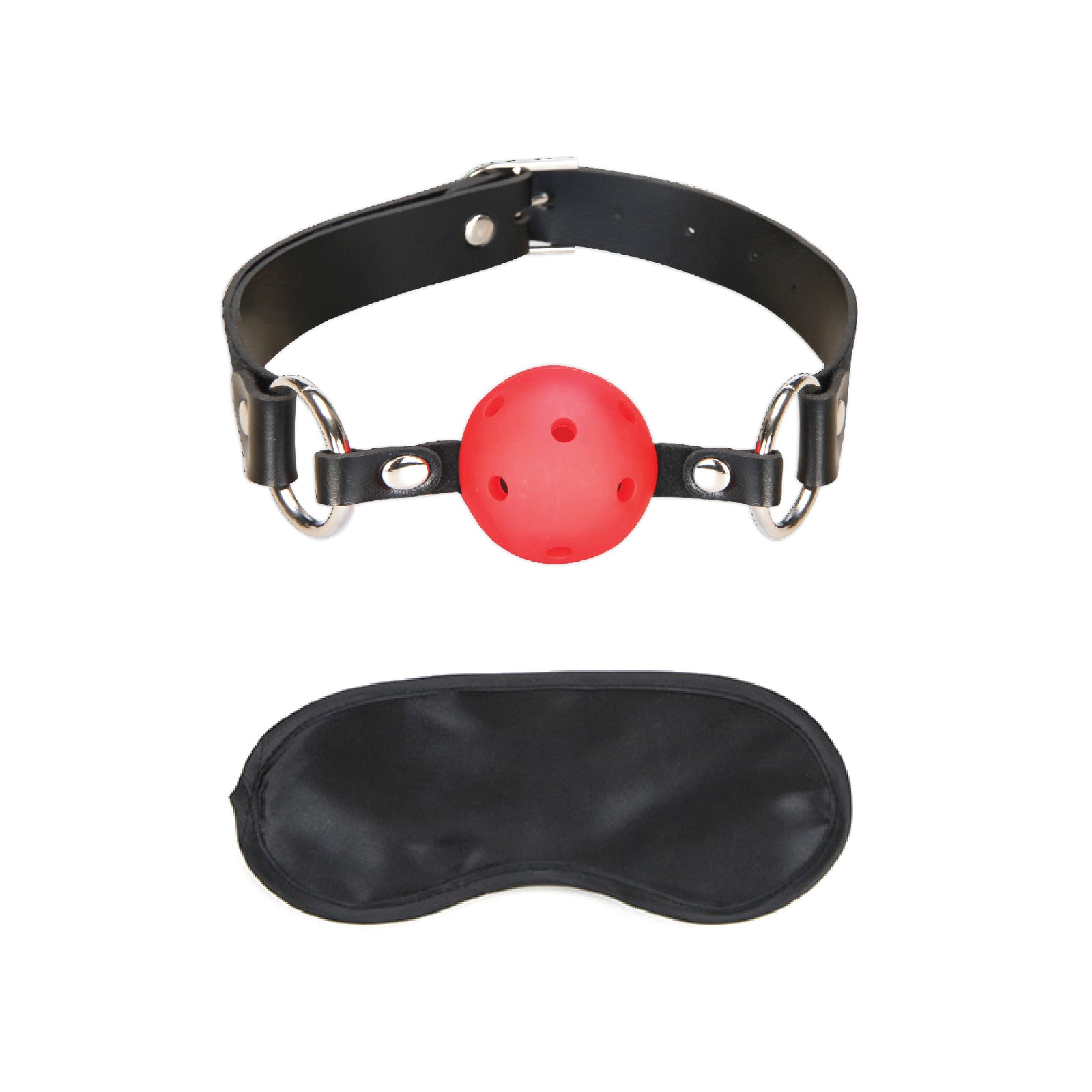 A black ball gag with a secure pin buckle closure and a matching black satin blindfold.
