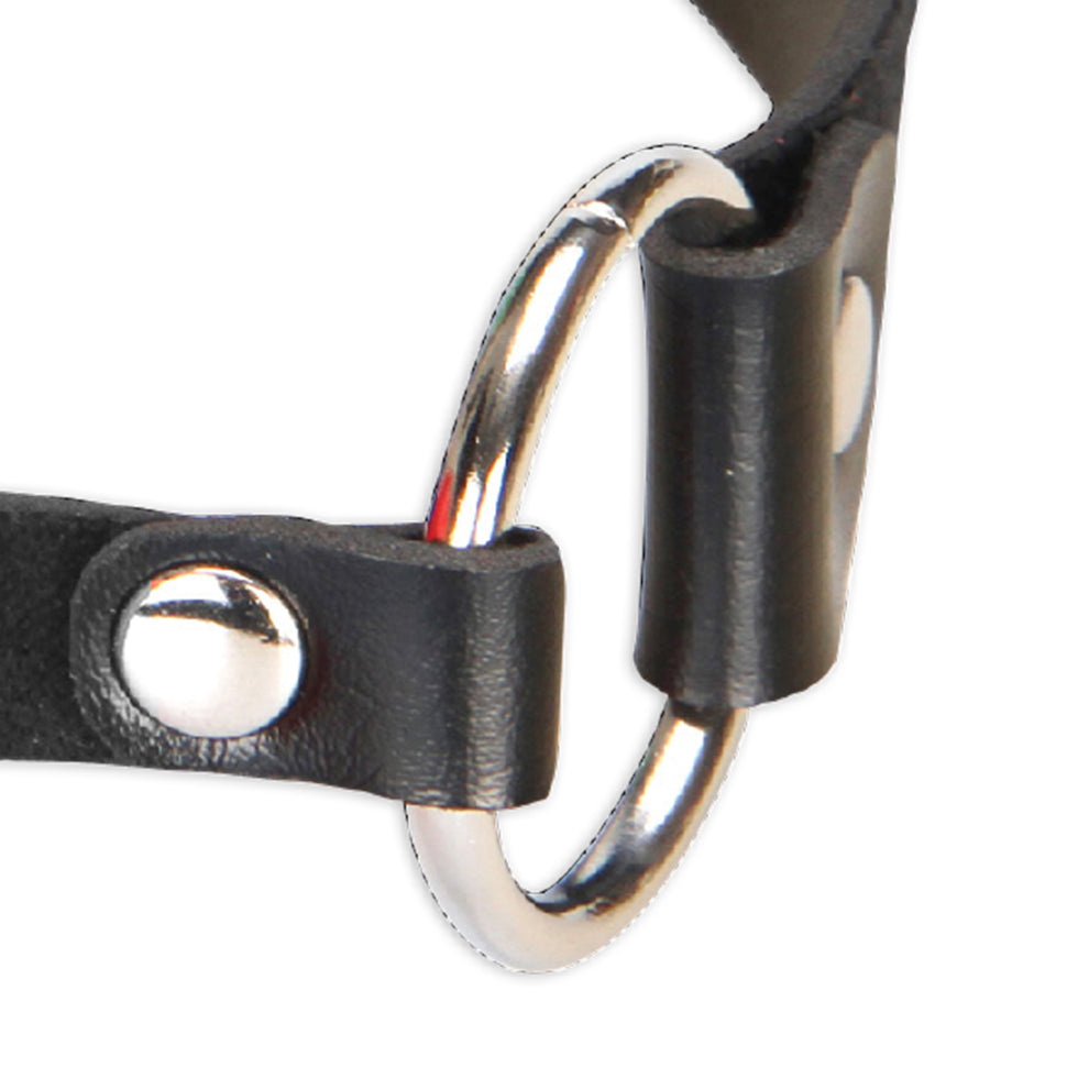 Close-up of a black leather strap with a metal clip on a white background