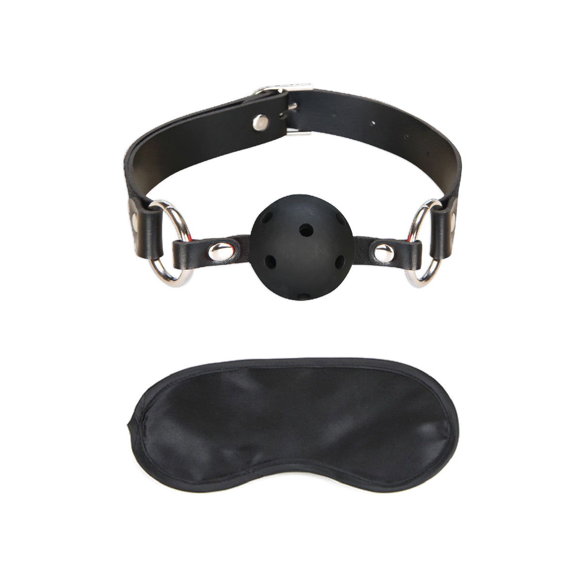 Black leather choker with a ball and black eye mask on a white background