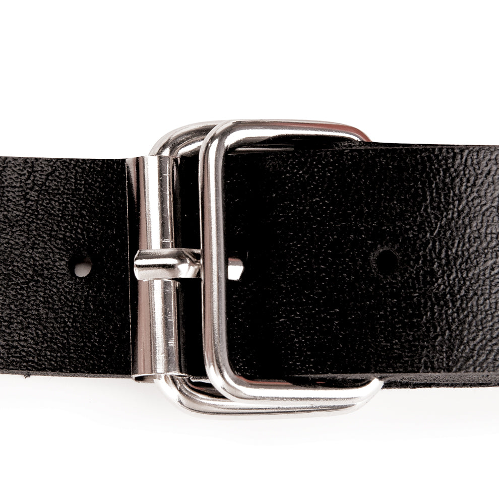 Black belt with a silver buckle on a white background