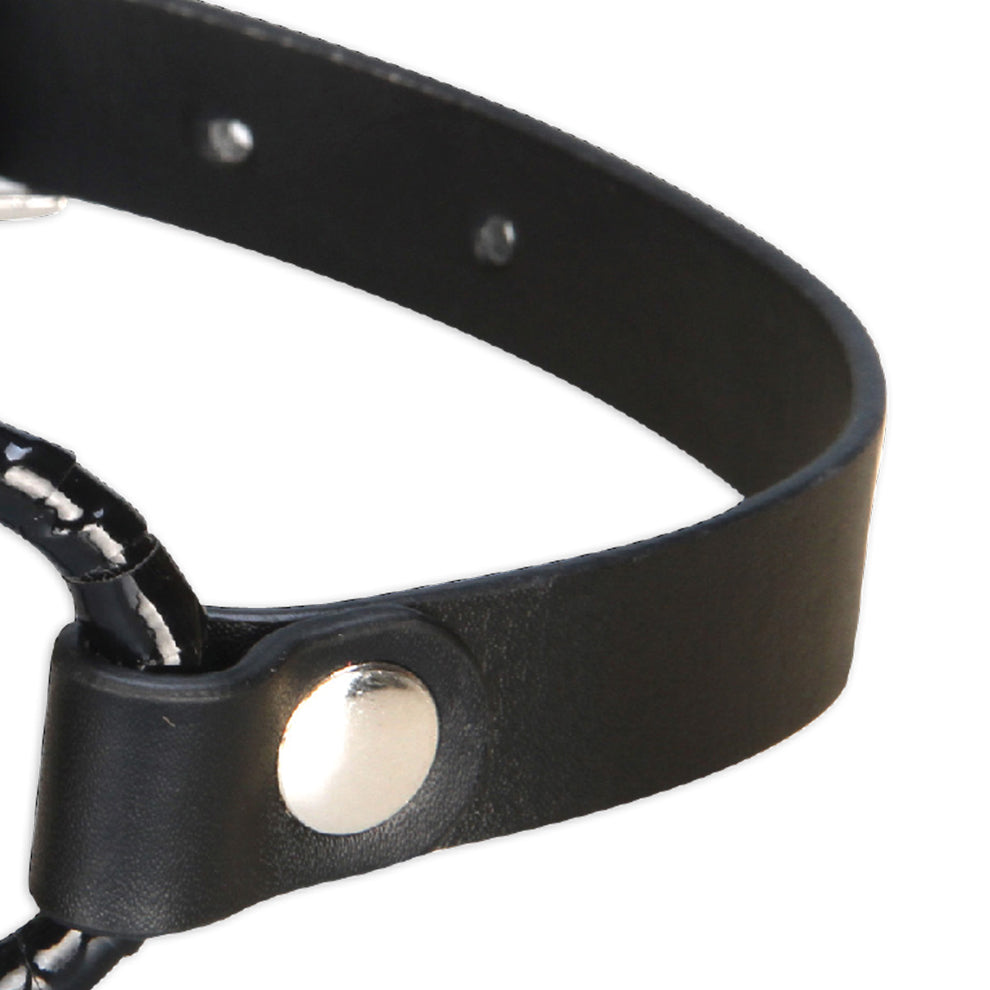 Black leather choker with a silver clasp on a white background