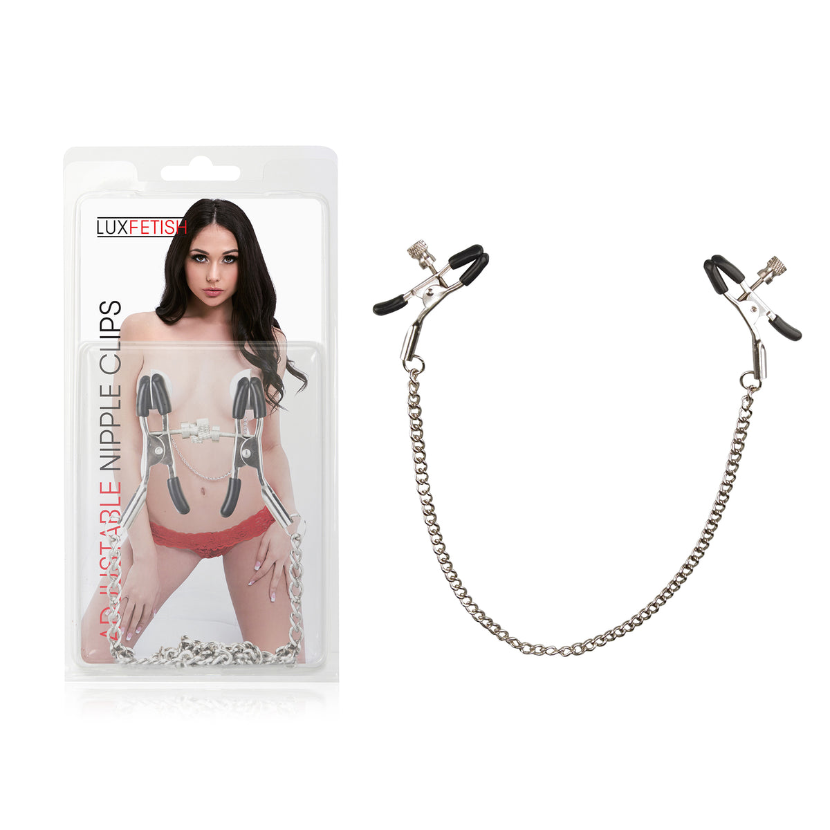 Metallic adjustable nipple clips with packaging featuring a model on a white background