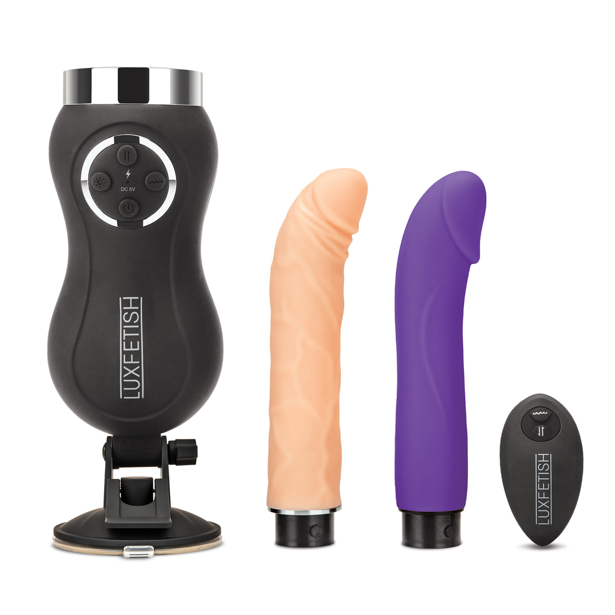 The Thrusting Compact Dildo Machine shown with the Purple and Creann silicone dildo on suction cup base