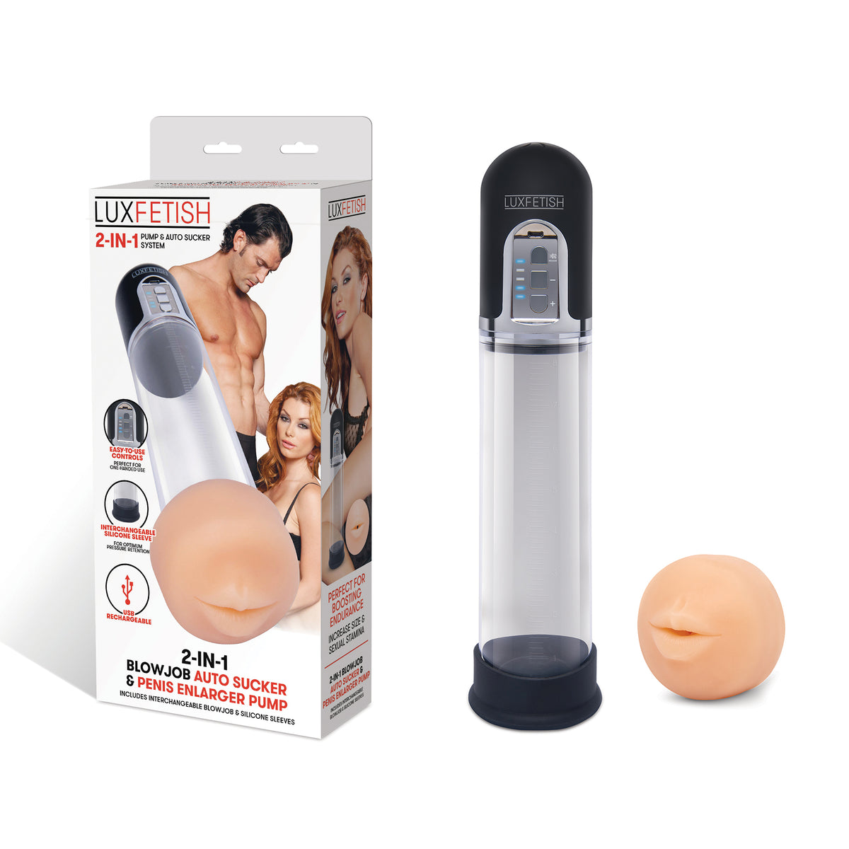 Lux Fetish 2-in-1 blowjob auto sucker and penis enlarger pump with packaging on a white background
