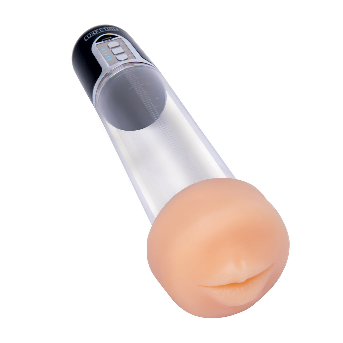 The Auto Blowjob Machine showing the clear cylinder attached to the control base.