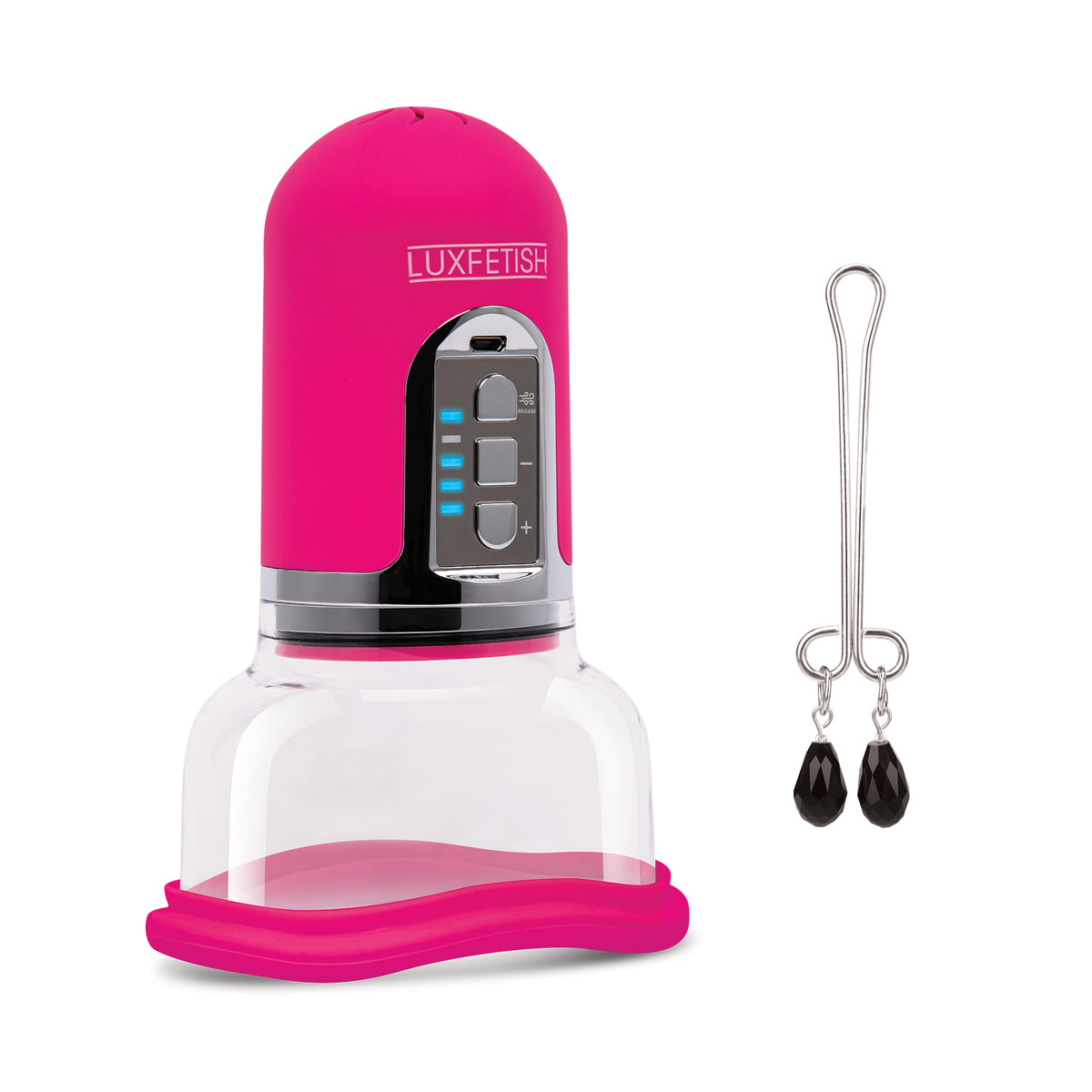Pink Auto Pussy Pump with digital display and Clit Clamp on a white background