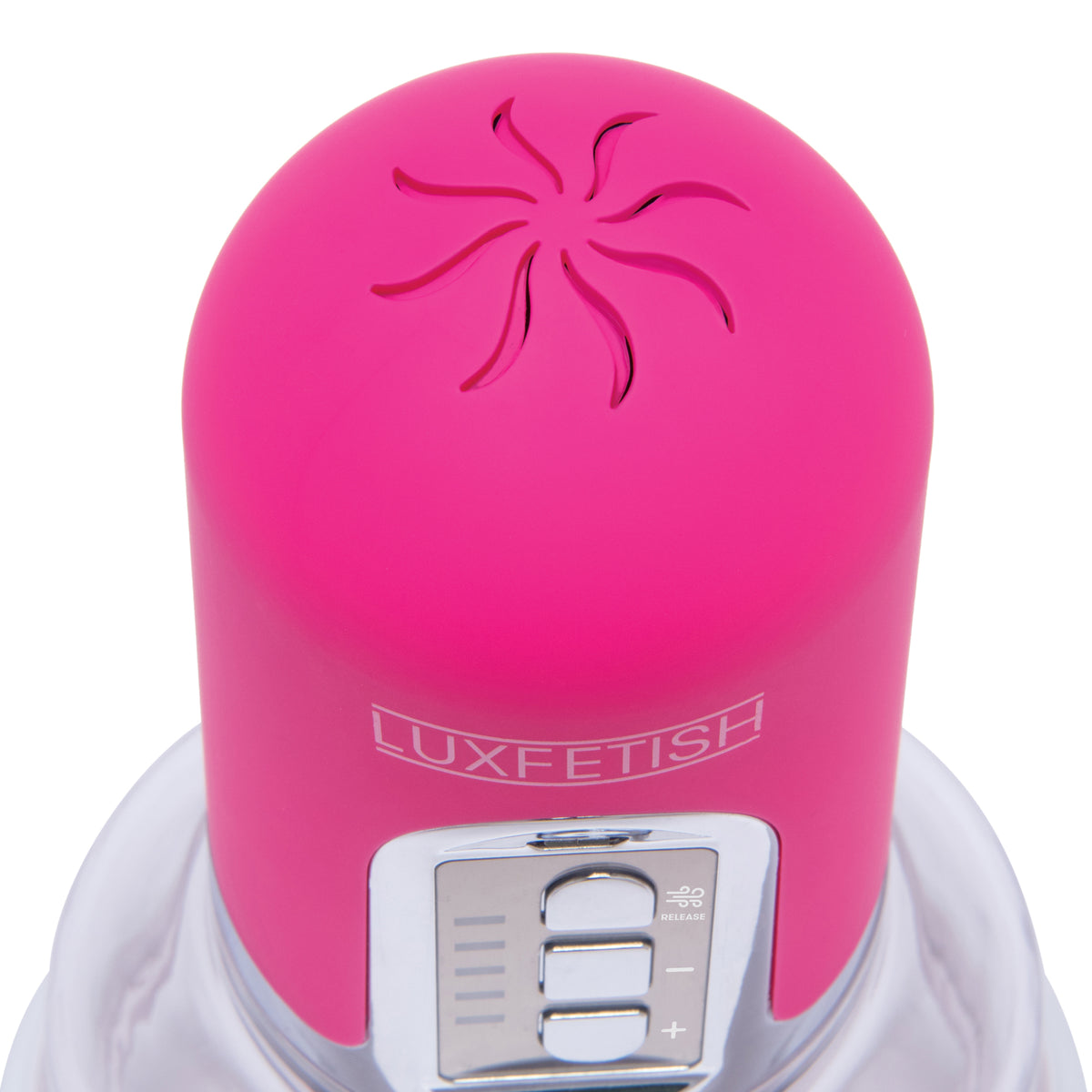 Pink silicone cap with 'Luxfetish' branding on a white background