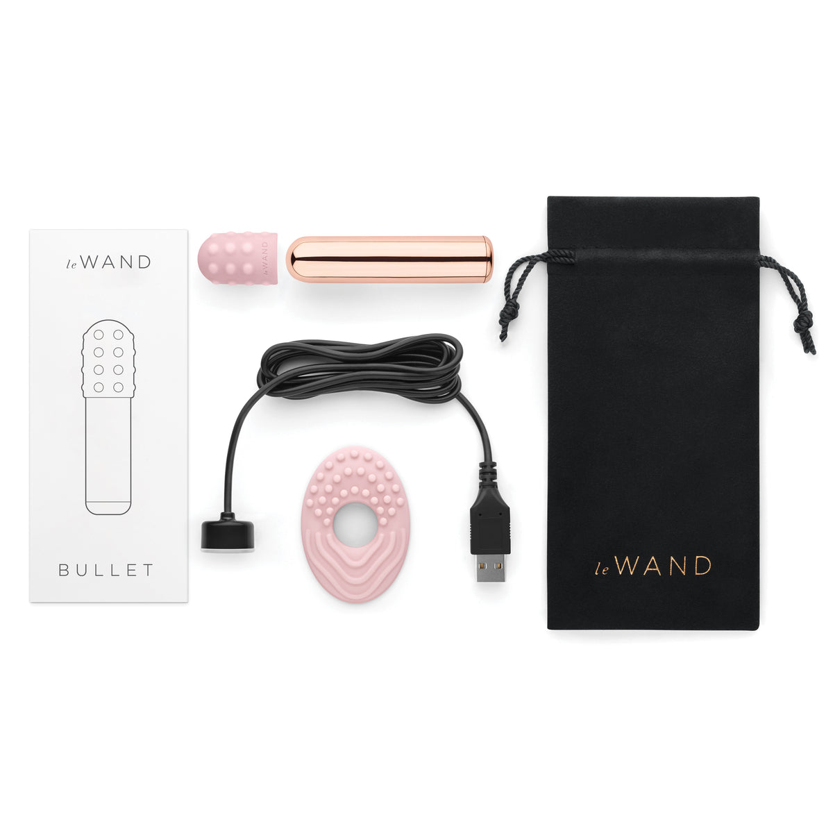 Le Wand product set including bullet, cable, and packaging on a white background