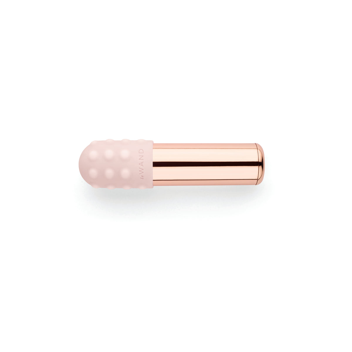 Close-up of the Le Wand Bullet metal vibrator  showing "textured" silicone attachment slid over the metal tip.