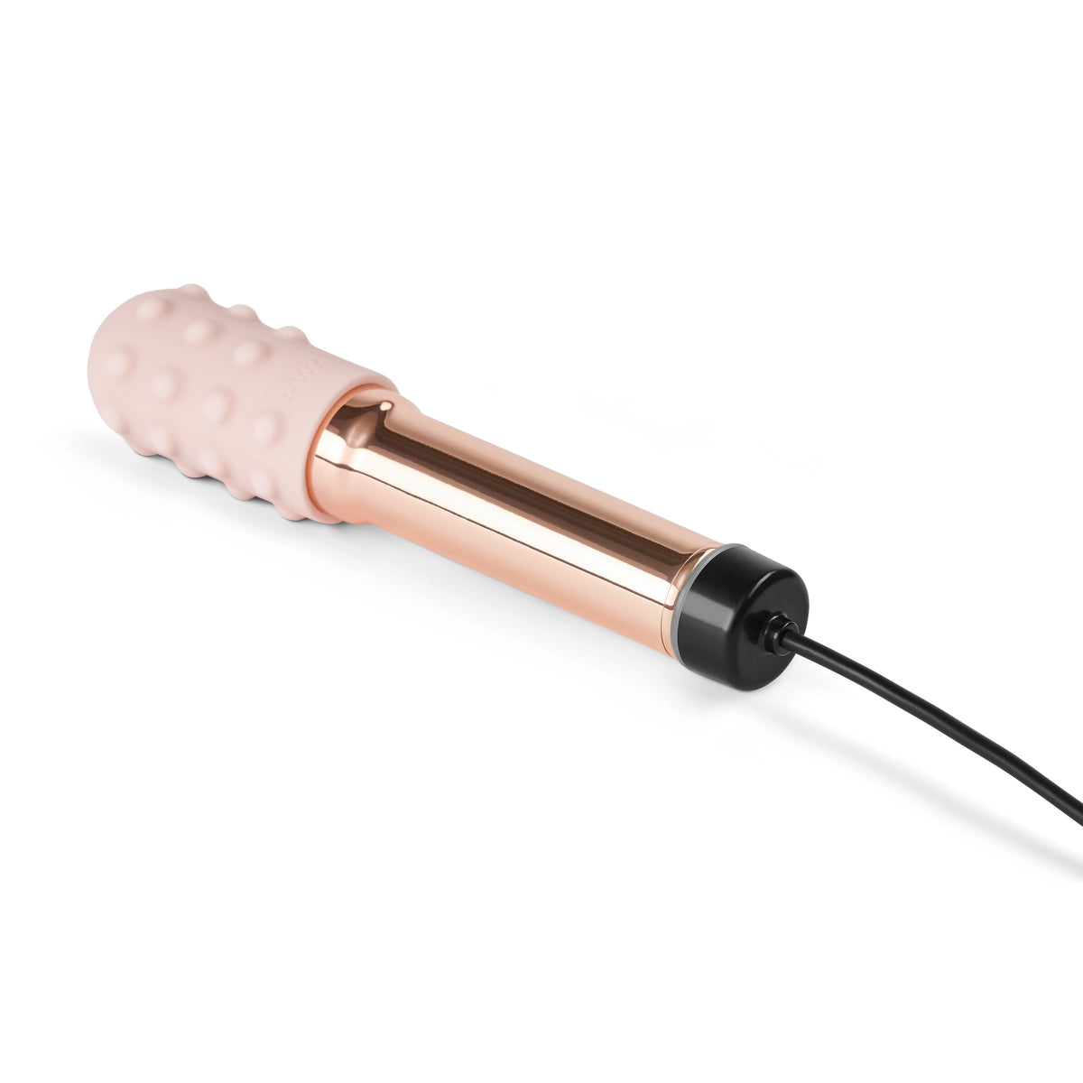 rose gold le wand bullet with a black cord on a white background