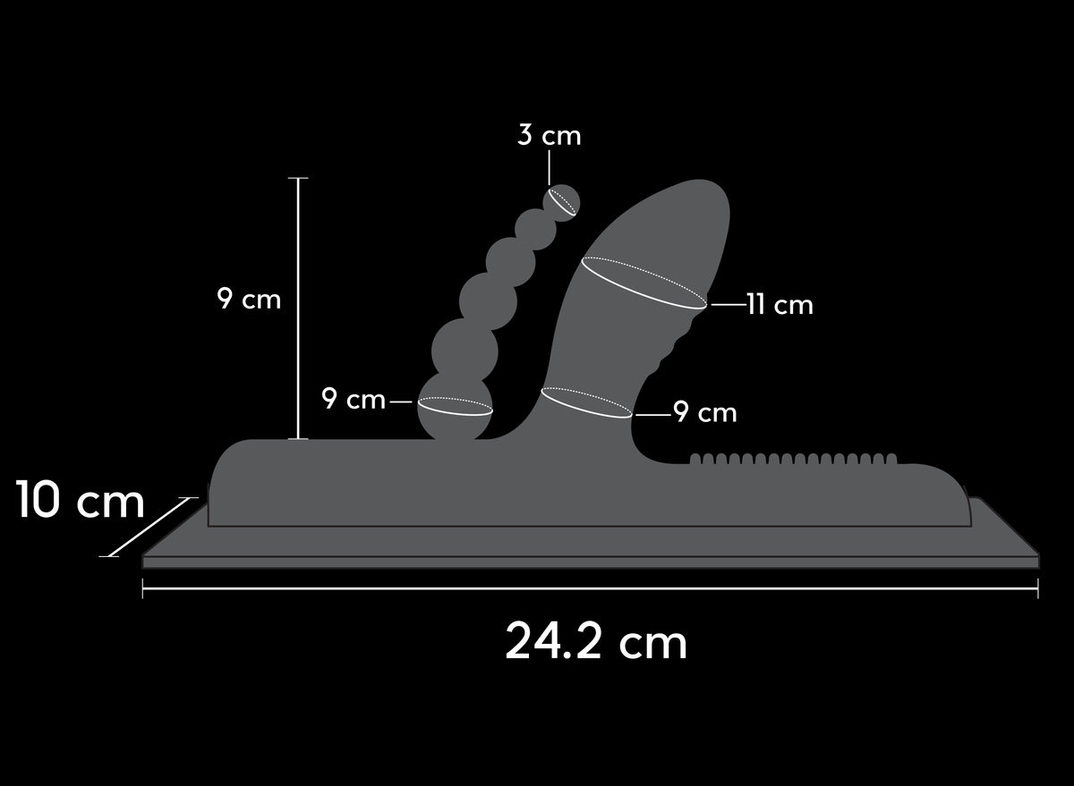 Technical diagram highlighting the 11 cm head circumference and 9 cm anal bead height.