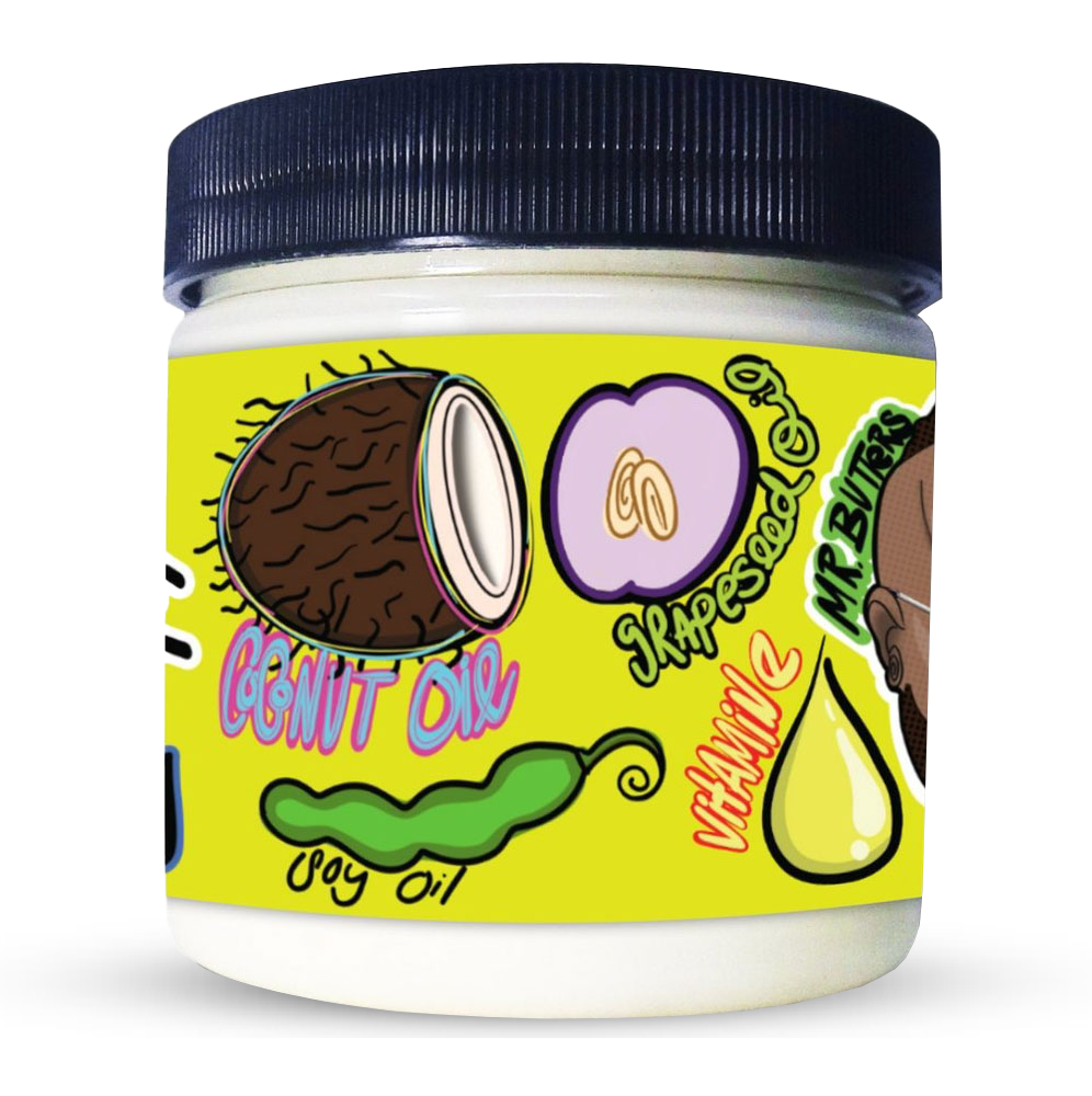 Jar of palm grease extra greasy thick lube with a yellow label and black lid on a white background