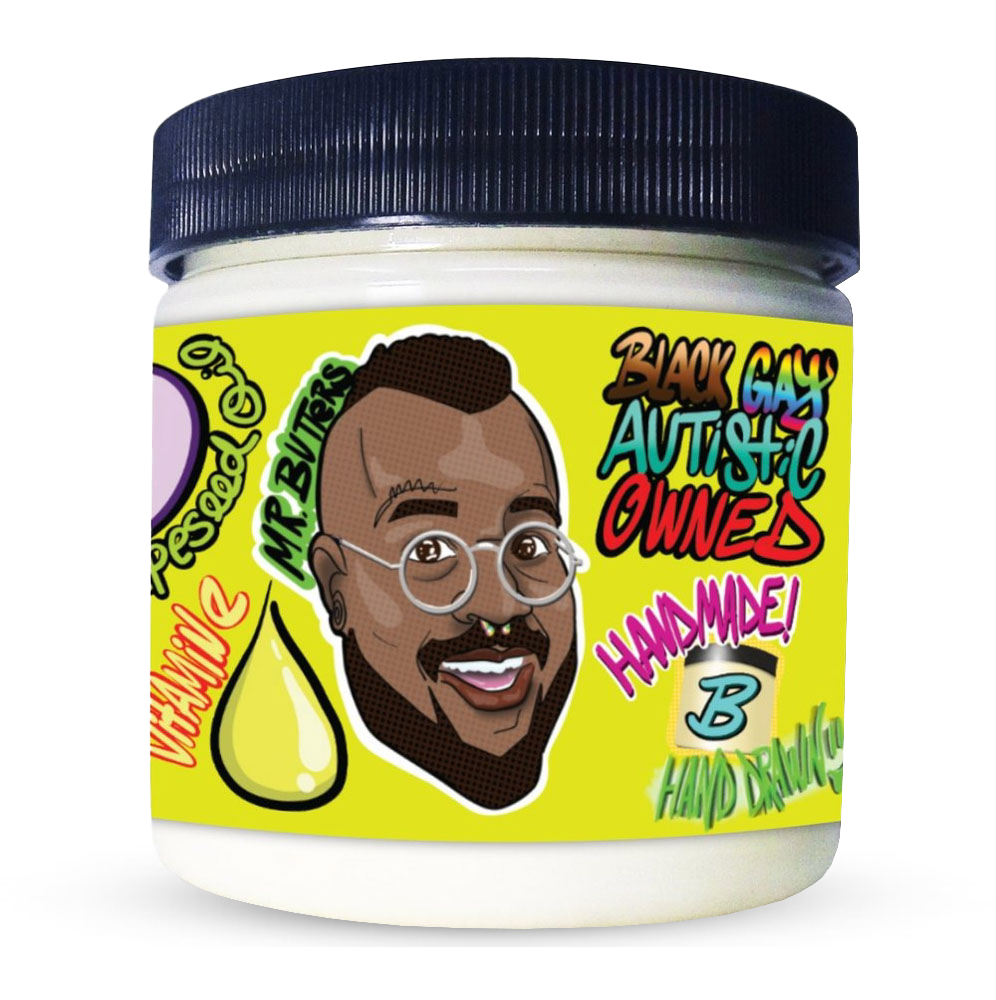 Sideview of The Butters Palm Grease Extra Greasy Thick Lube jar with colorful label on a white background