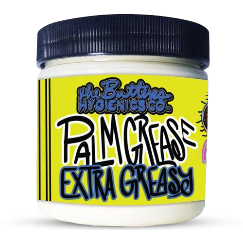 Jar of palm grease extra greasy thick lube with a yellow label and black lid on a white background