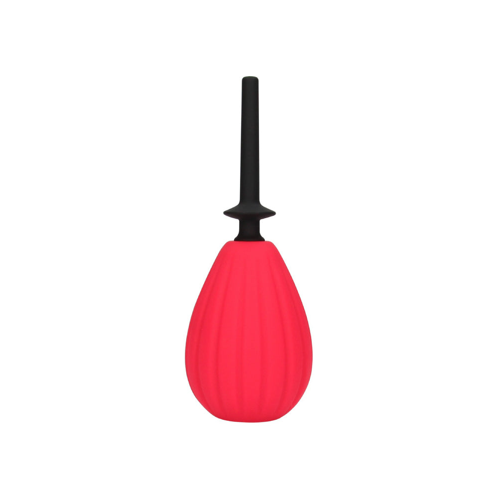 Aneros Prelude Enema Bulb with black nozzle and red pump on a white background